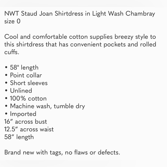 NWT Staud Joan Shirtdress in Light Wash Chambray  size 0 - Picture 9 of 10